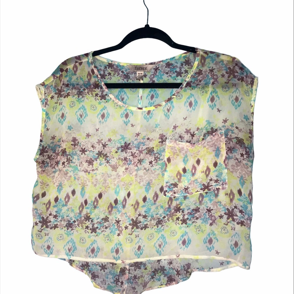 🦋 Sheer Blue White Crop Top Blouse Yellow Floral